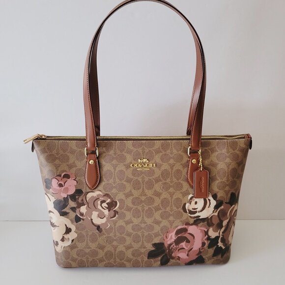 Coach CZ180 Signature Rose Gallery Tote Top Zip Handbag Tan Multi - Picture 2 of 7
